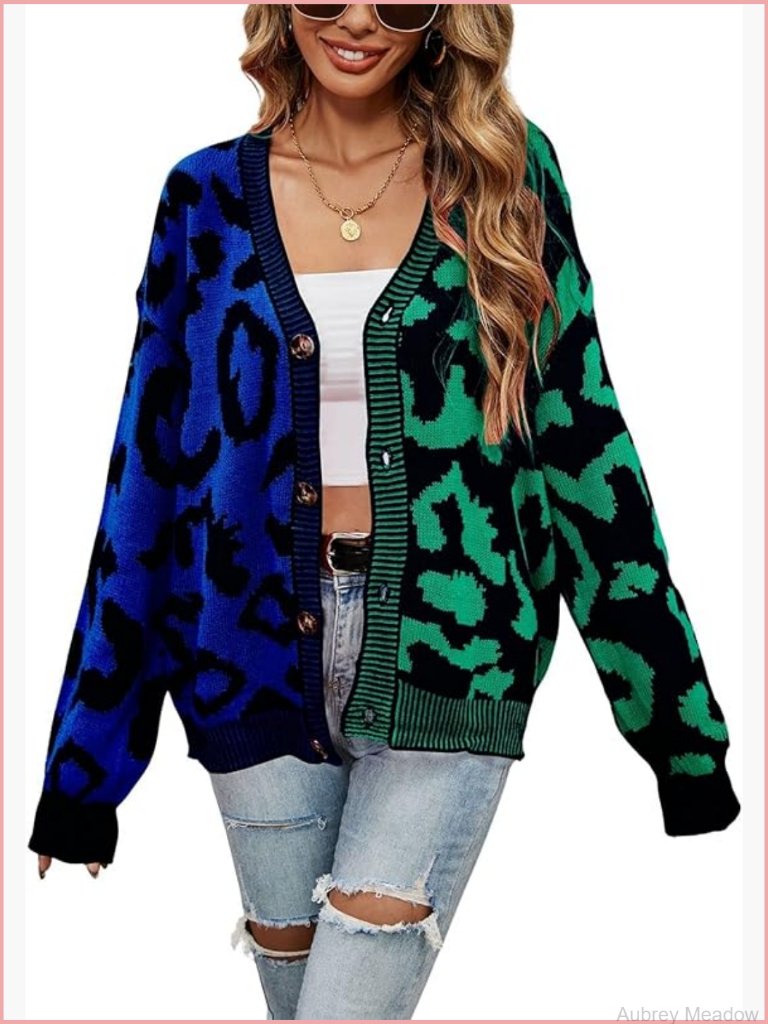 Color Block Leopard Print Cardigan Sweater Button Down Ribbed Knit Coatigan Coat